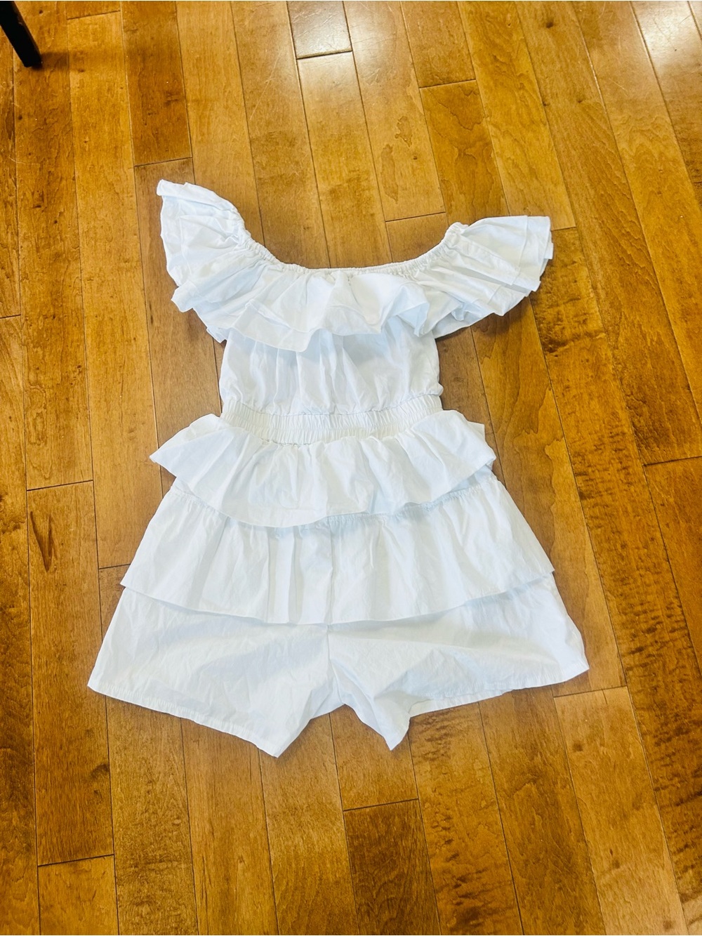 White Ruffle Off-Shoulder Romper with Tiered Skirt
